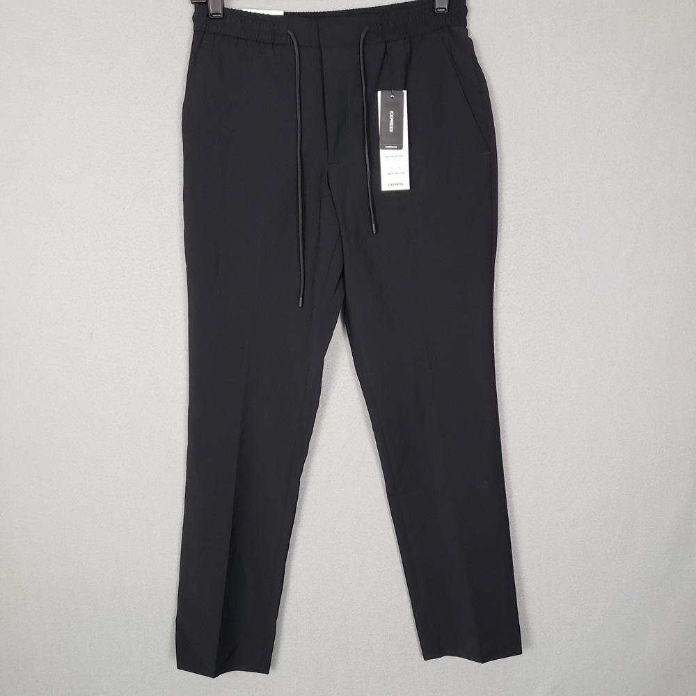 Express Extra Slim Trouser Pants Black Drawstring Waist Office Casual Stretch 28